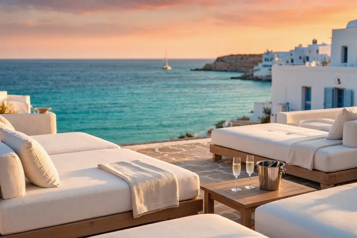 Luxury beach club in Mykonos at sunset with white daybeds and champagne