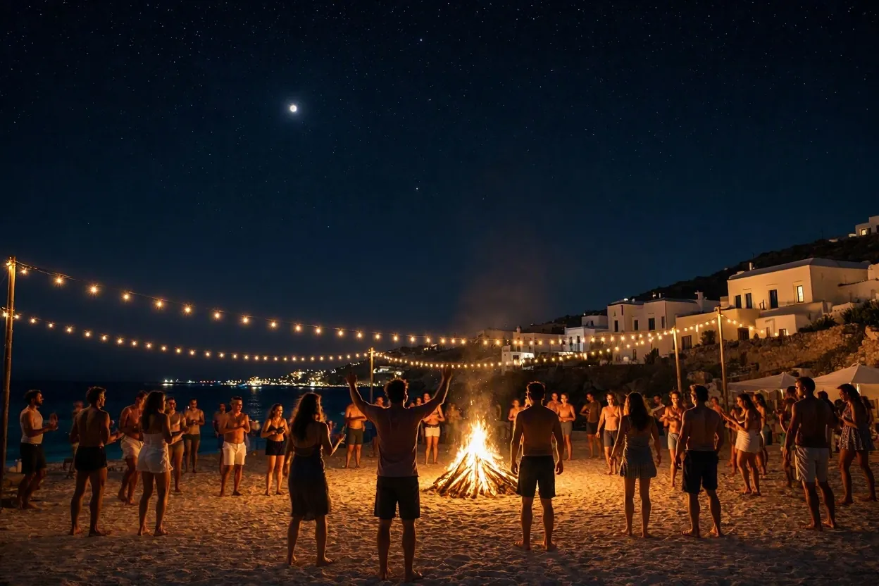 Outdoor beach party in Mykonos at night with string lights and bonfire
