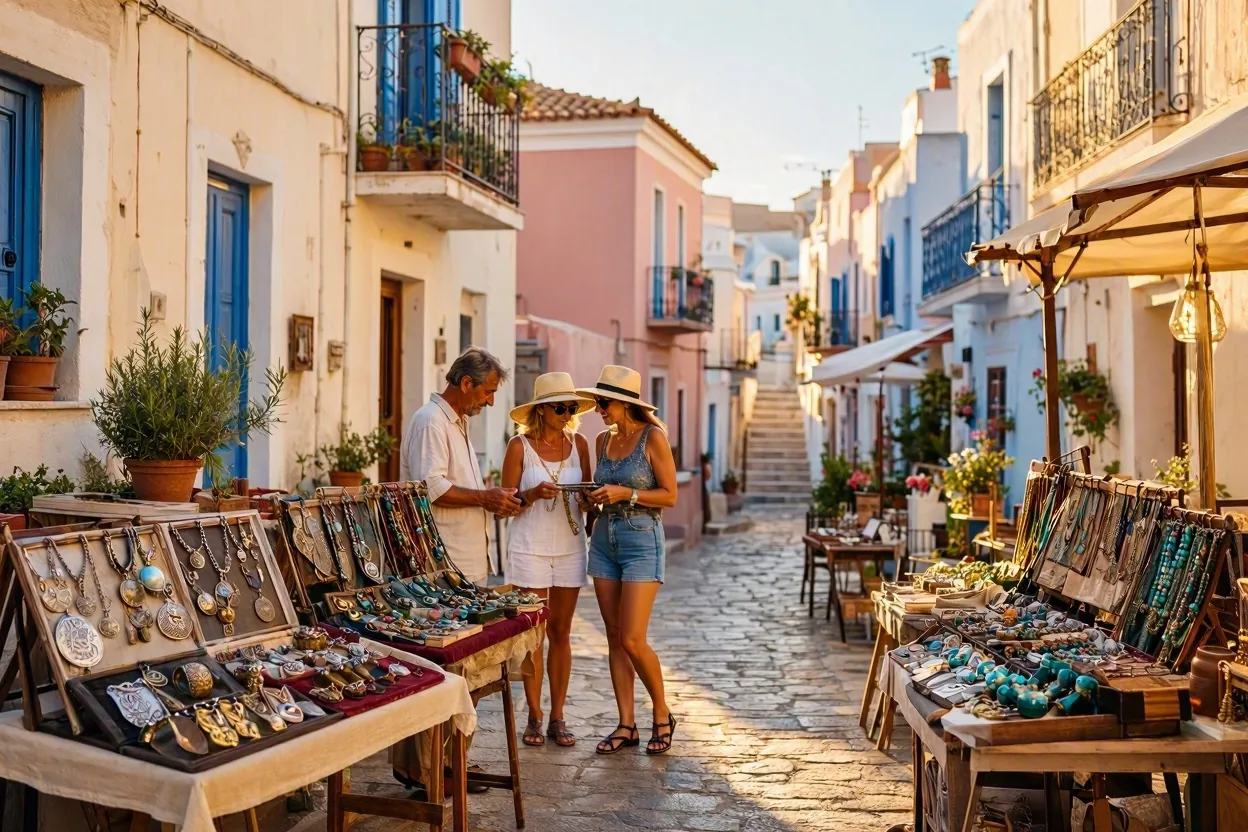 Colorful local market street in Mykonos with jewelry stalls
