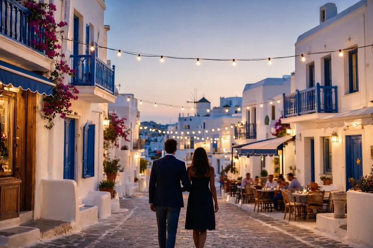 Elegant Mykonos Town nightlife at dusk, whitewashed streets with string lights