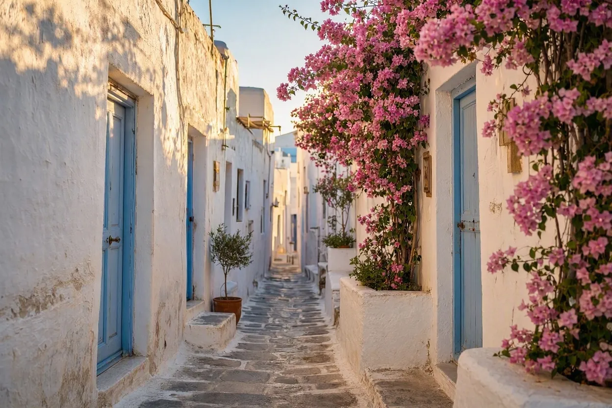 Narrow whitewashed alley in Mykonos Town with bougainvillea flowers