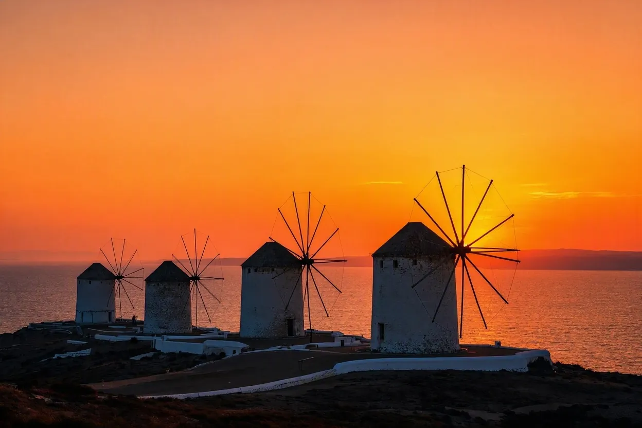 Iconic Mykonos windmills silhouetted against a vivid orange sunset