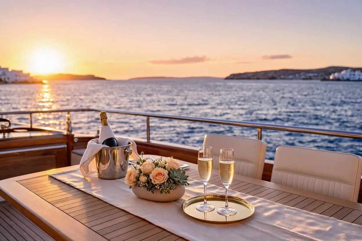 Private yacht deck in the Aegean sea near Mykonos at sunset