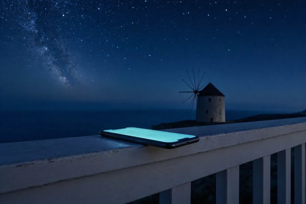 Smartphone σε λευκό μπαλκόνι τη νύχτα με ανεμόμυλο της Μυκόνου