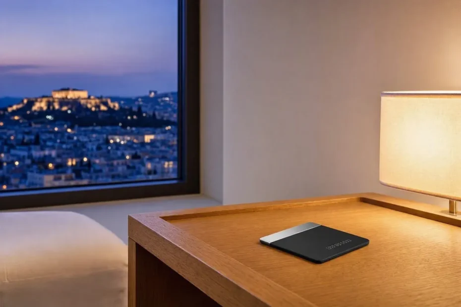 Hotel room key card on a bedside table with the Athens skyline through a window at dusk