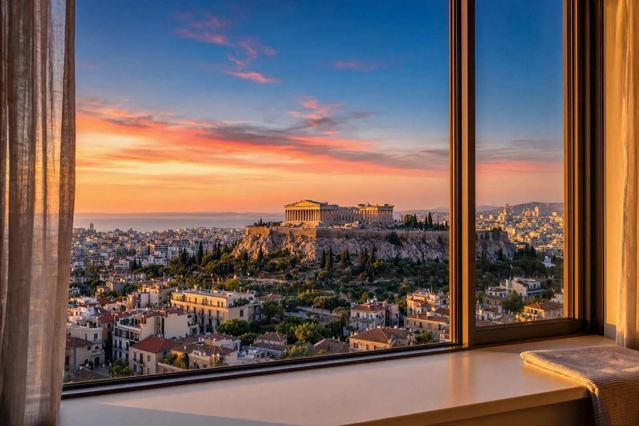 Πανοραμική θέα της Ακρόπολης το ηλιοβασίλεμα από παράθυρο ξενοδοχείου