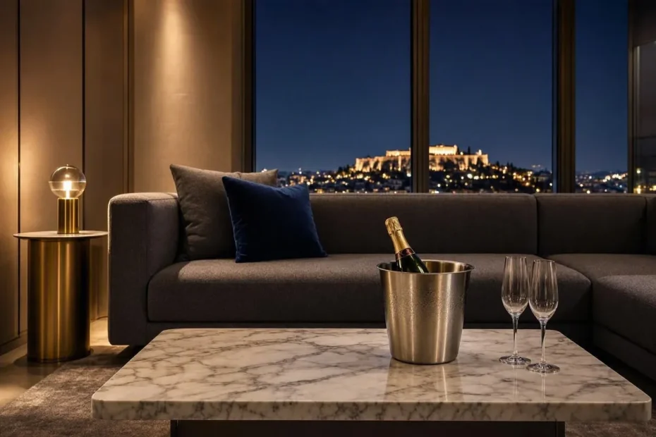 Πολυτελές ιδιωτικό lounge στην Αθήνα με θέα την Ακρόπολη το βράδυ
