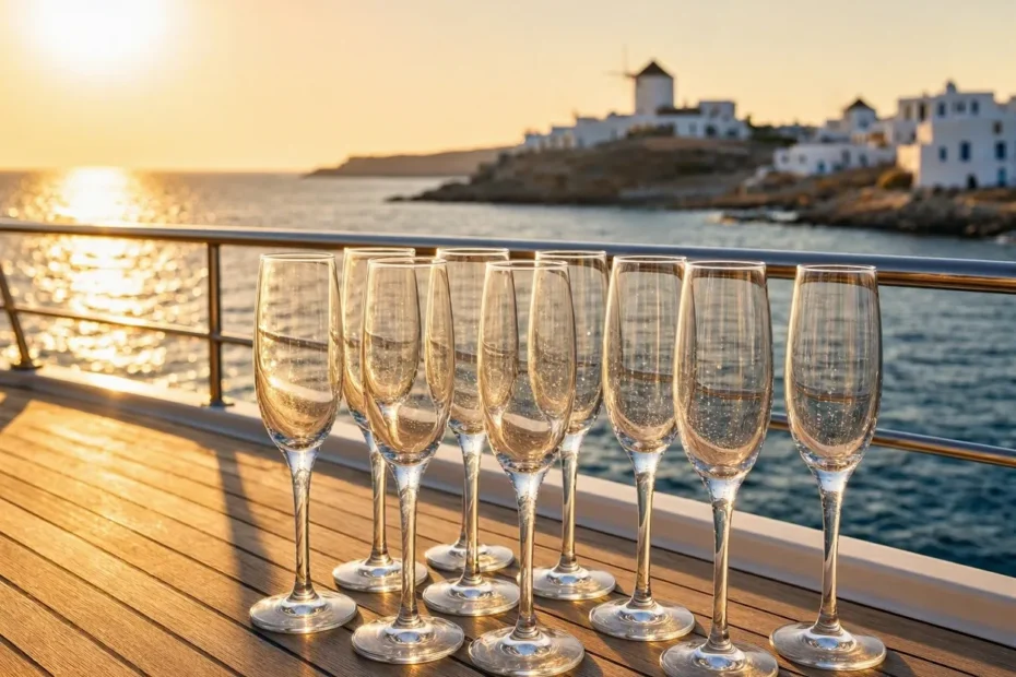 Champagne glasses toasting on a yacht deck at sunset - bachelor party Mykonos guide