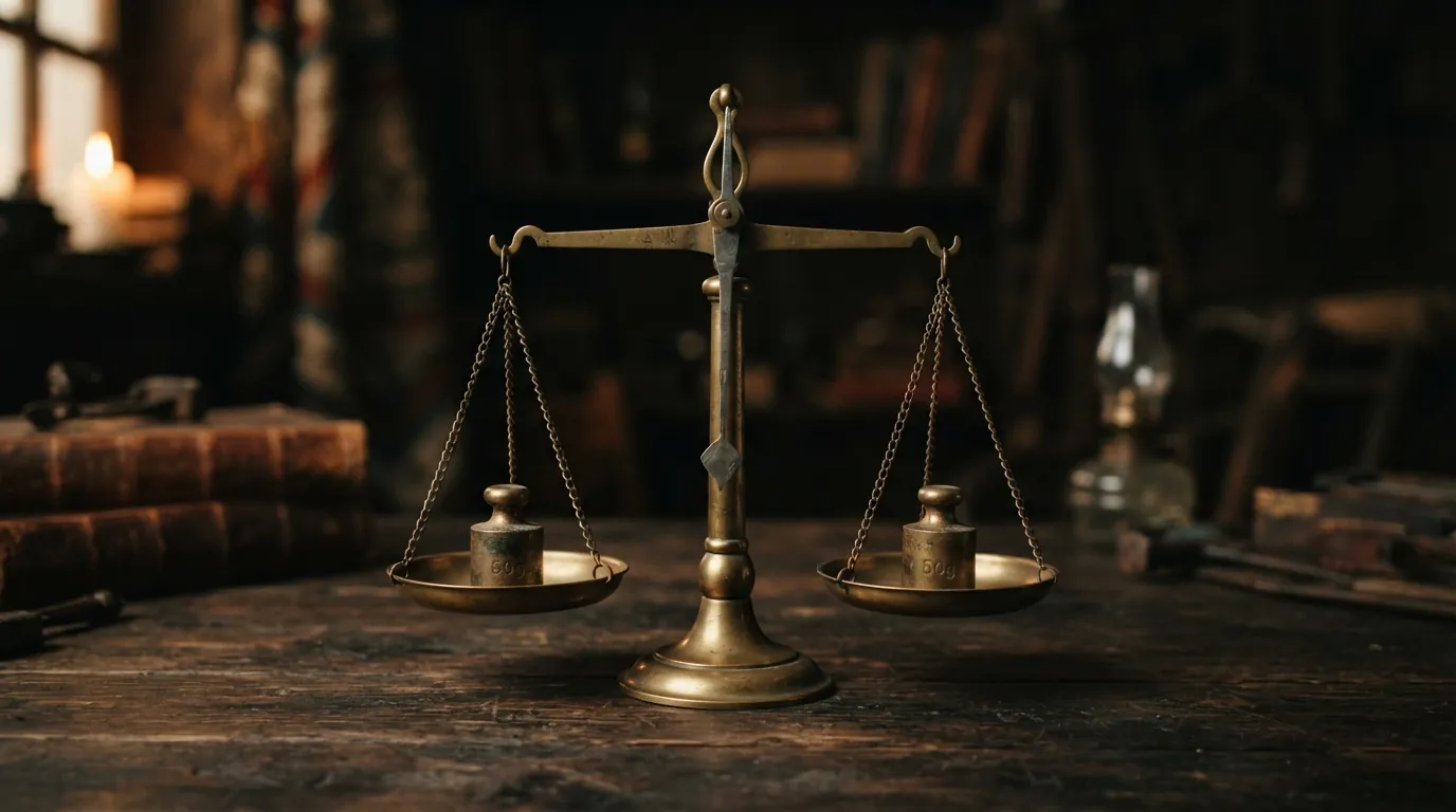 Μικρή ορειχάλκινη ζυγαριά με δύο ίσα βάρη, τέλεια ισορροπημένη