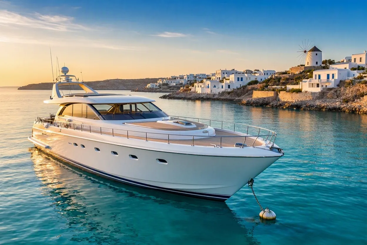 Luxury motor yacht anchored near the Mykonos coastline at golden hour