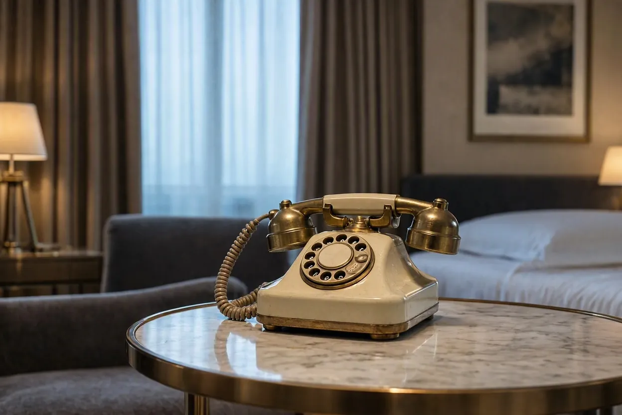 Vintage telephone on a marble side table in a luxury hotel room