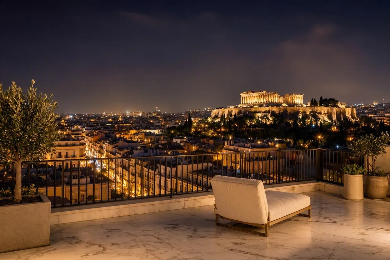 Θέα στην Αθήνα τη νύχτα από ταράτσα, φωτισμένη Ακρόπολη στο βάθος