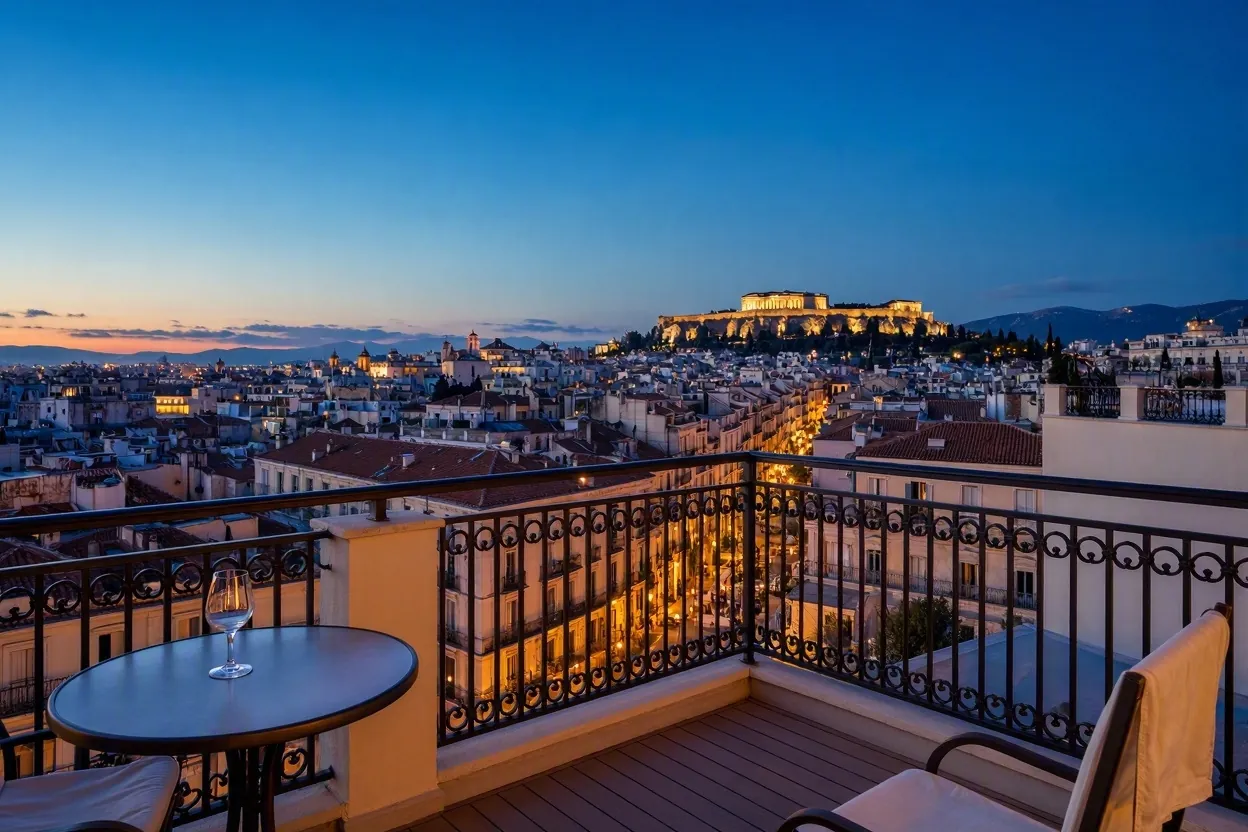 Athens skyline at twilight viewed from a hotel balcony