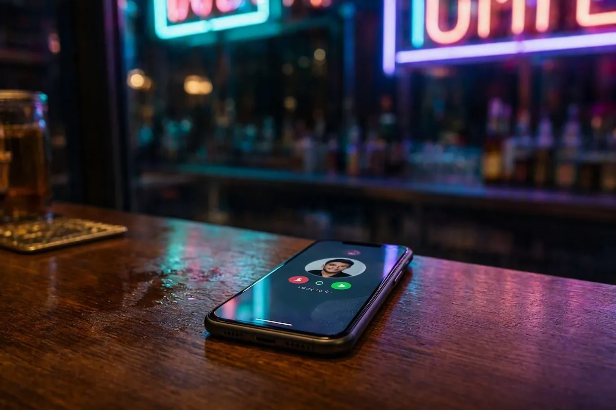 Smartphone με κλήση σε πάγκο μπαρ τη νύχτα