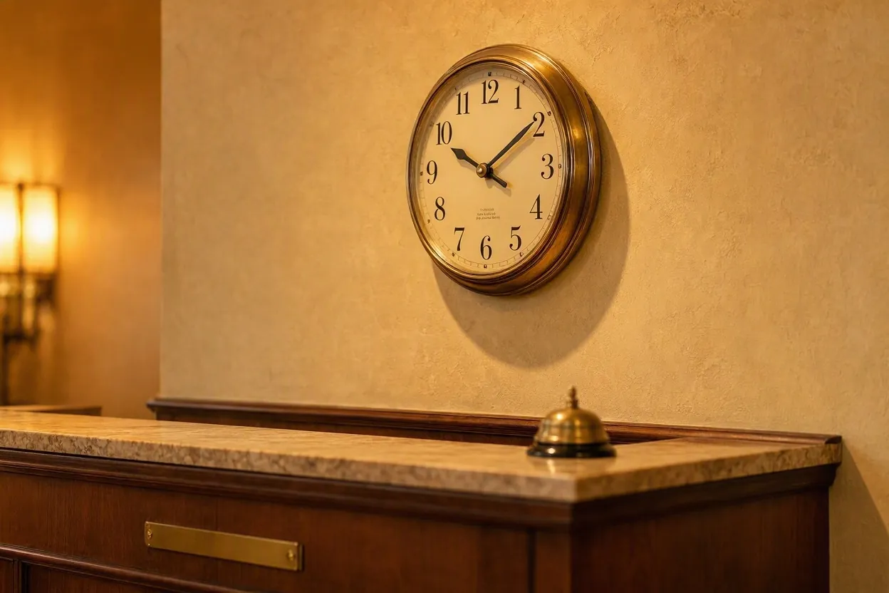 Classic analog wall clock above a hotel reception counter