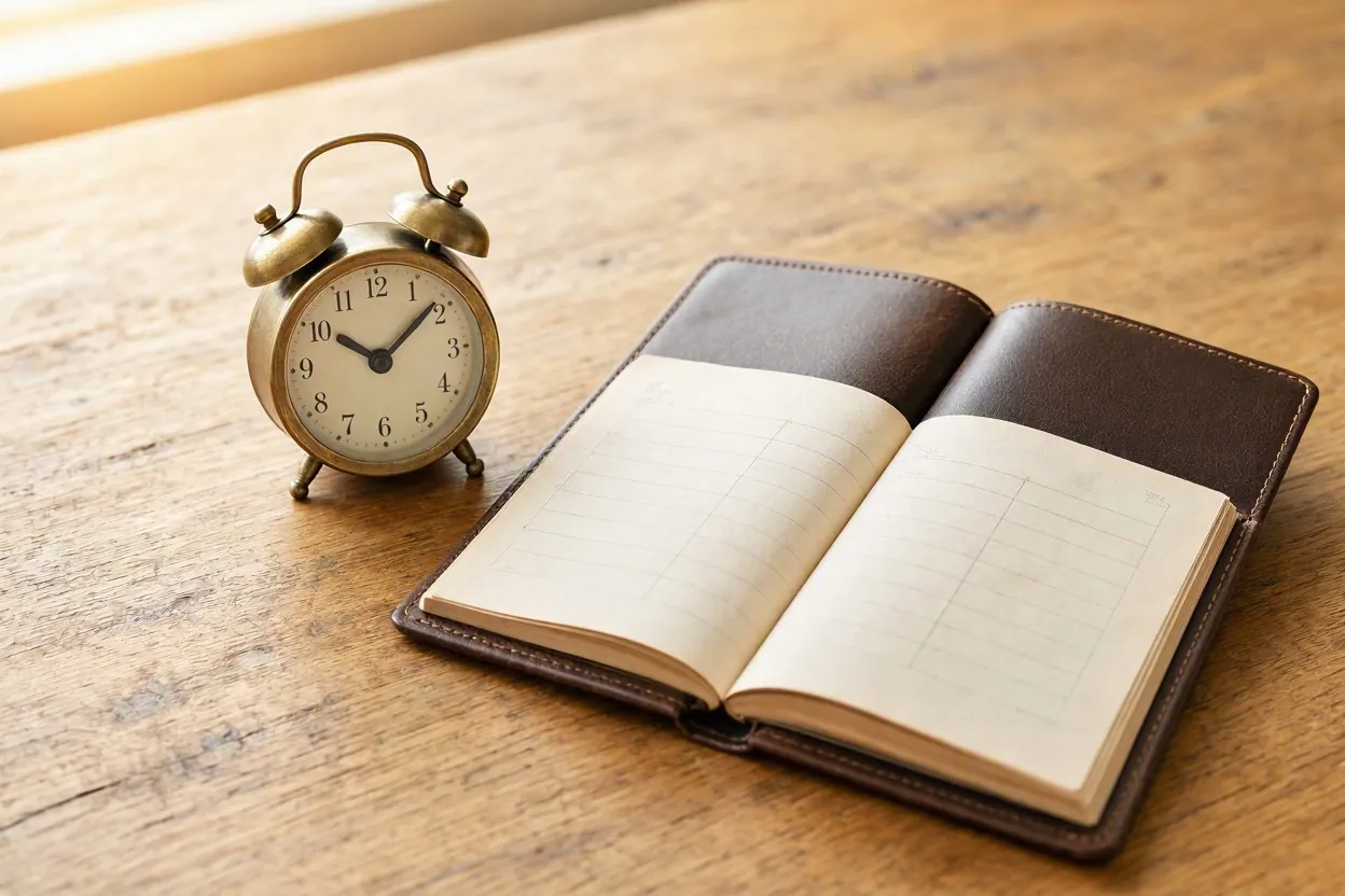 Small desk clock next to an open pocket calendar on a wooden table