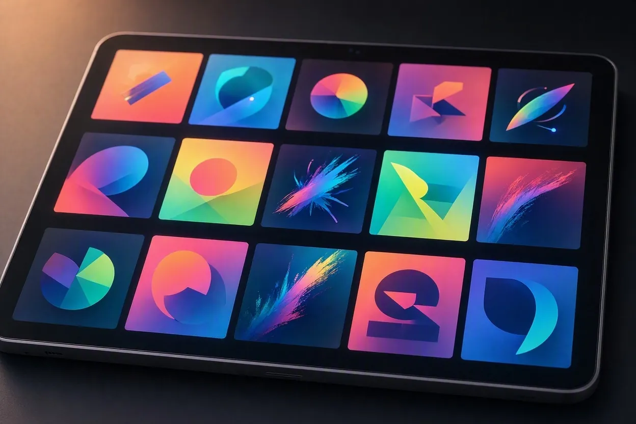 Grid of colorful content thumbnail tiles on a tablet screen