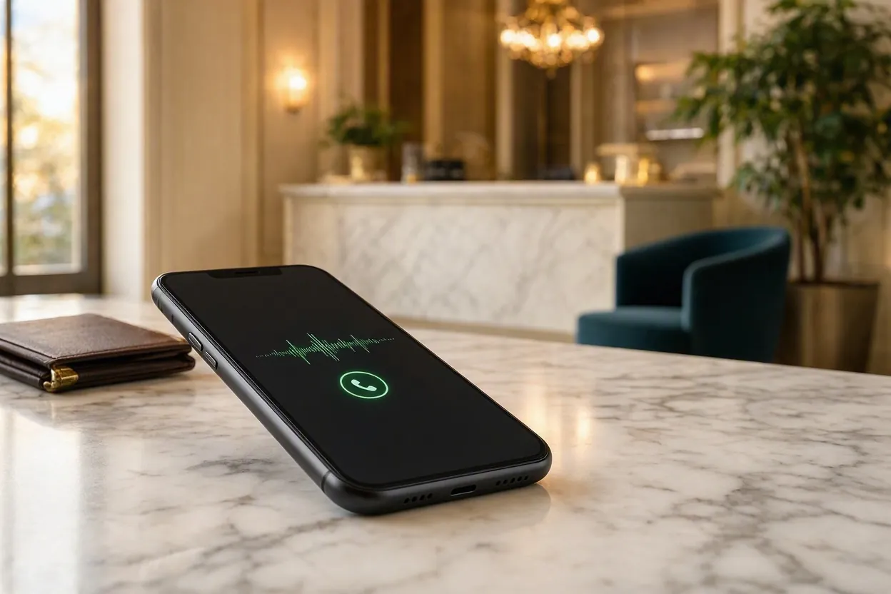Κομψό smartphone με ενεργή κλήση σε μαρμάρινο τραπέζι ξενοδοχείου