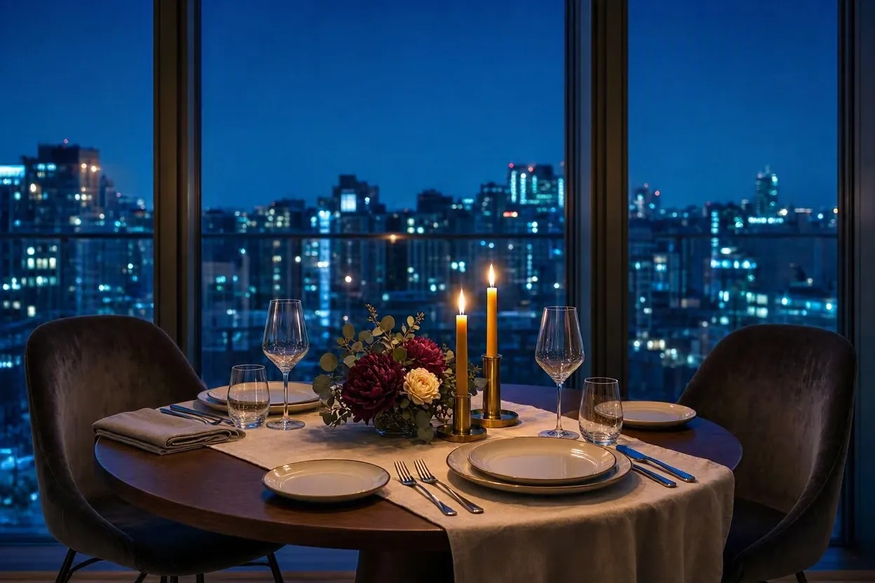 Fine-dining restaurant table set for two with candlelight and a city view