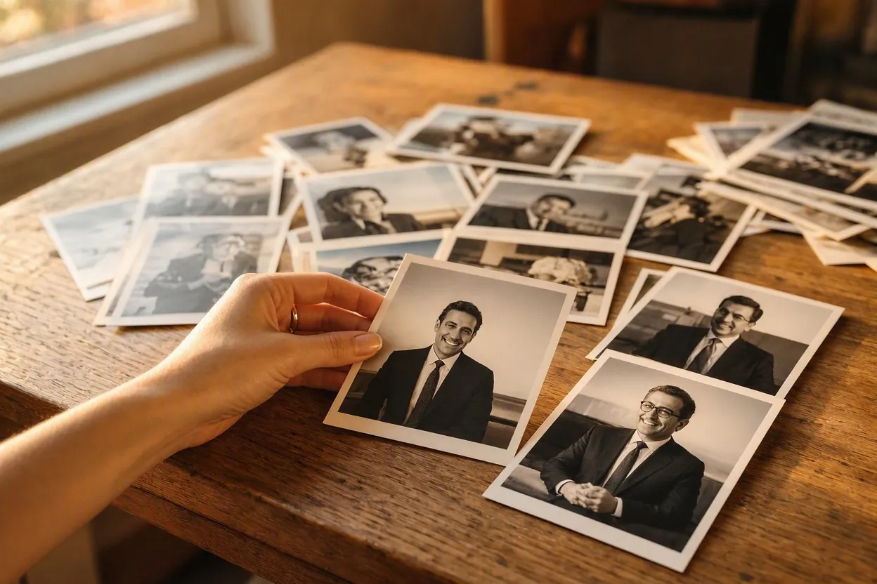 A hand reviewing photographs on a wooden desk
