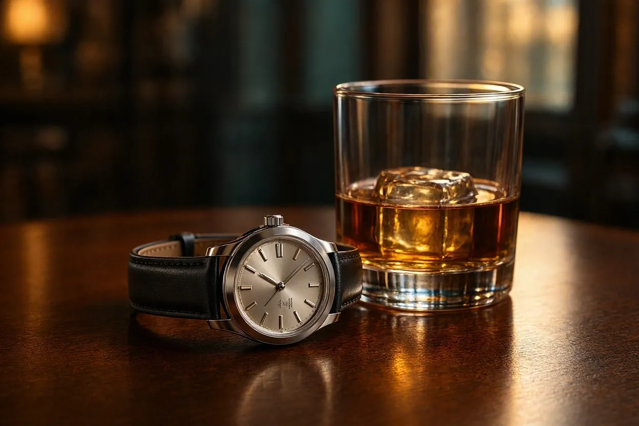 Elegant wristwatch and a glass of whiskey on a dark wood table