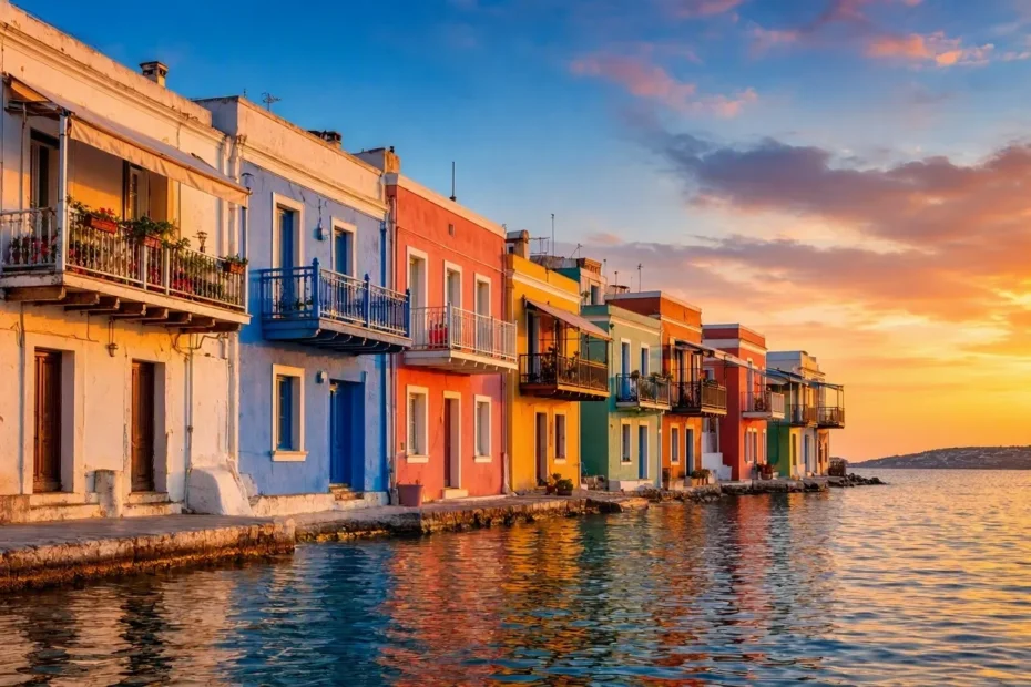 Little Venice in Mykonos at sunset with colorful balconies over the sea