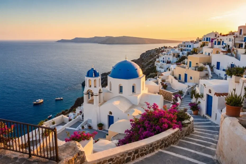 Iconic white cliffside Greek village and blue domed church at sunset