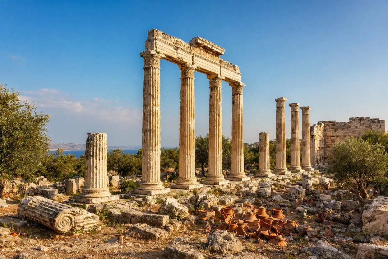 Ancient Greek marble columns and ruins in warm afternoon light