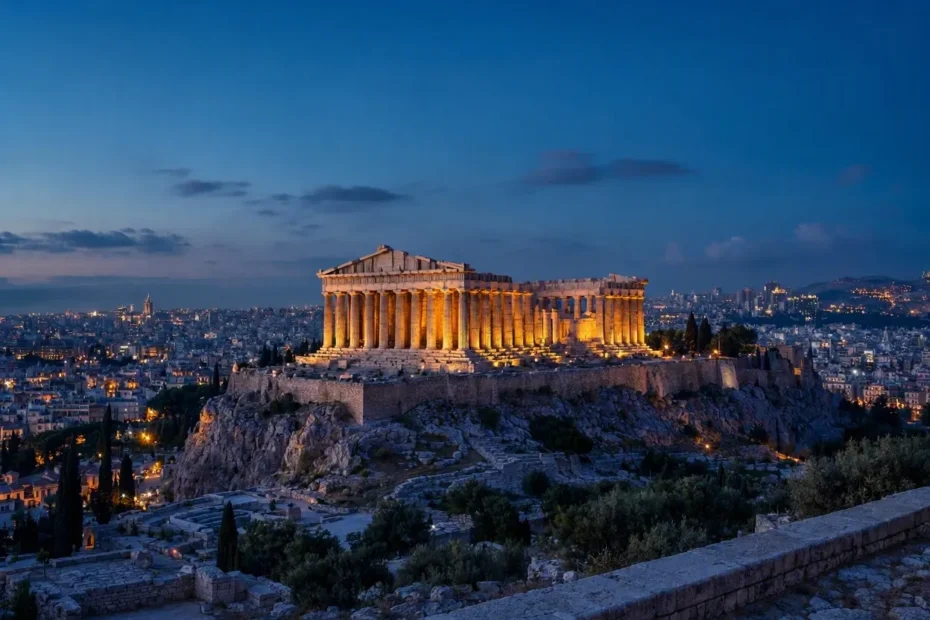 Η Ακρόπολη Αθηνών φωτισμένη το σούρουπο, σύμβολο νομιμότητας στην Ελλάδα