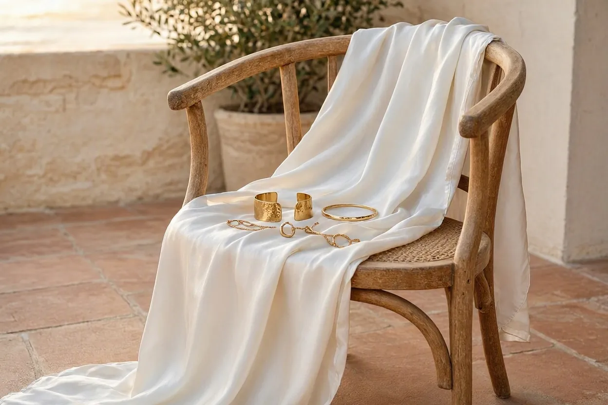 Elegant flowing white fabric and gold jewelry, Mediterranean fashion