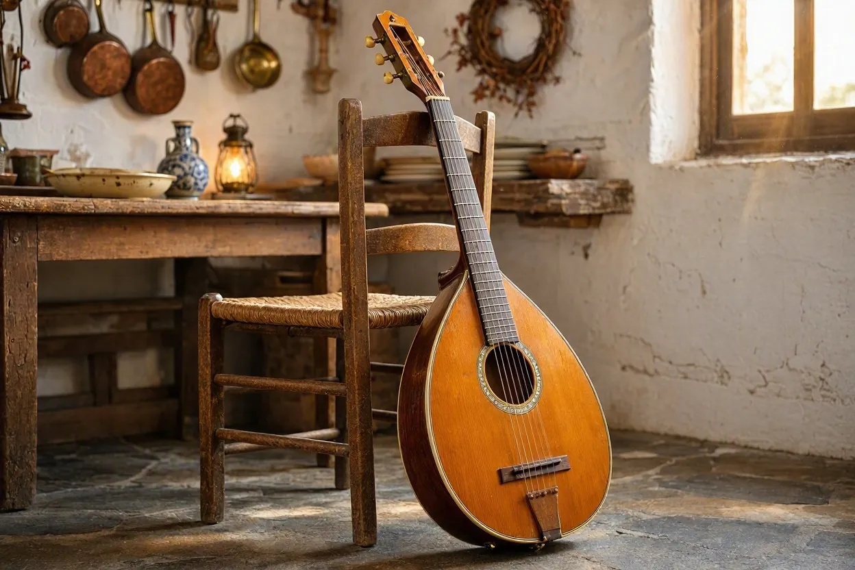 A traditional bouzouki instrument in a rustic Greek taverna