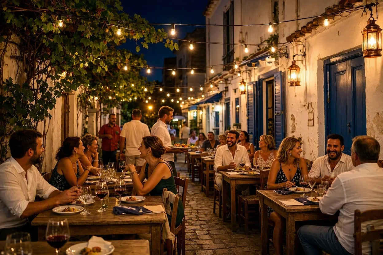 Lively Greek taverna at night with string lights and wine glasses