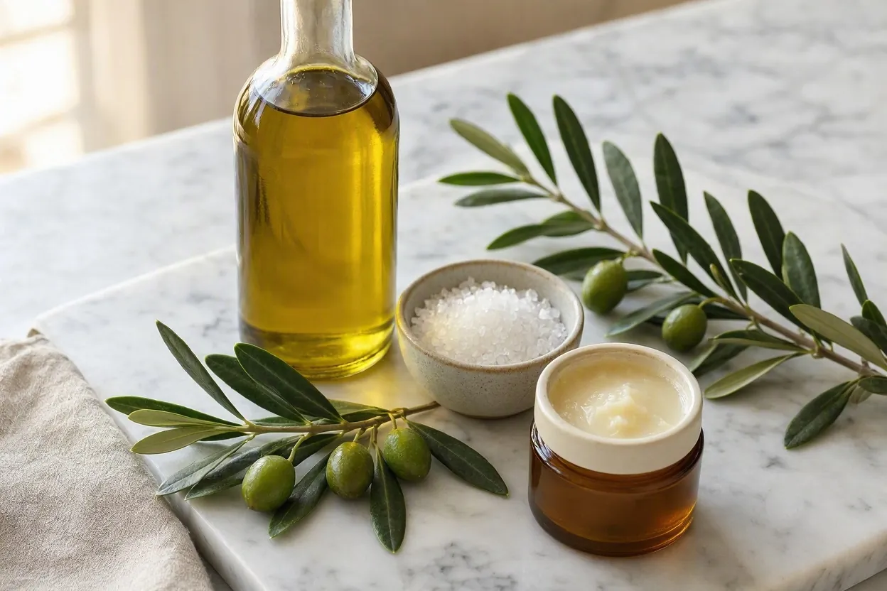 Olive oil, sea salt and olive branches as a Mediterranean skincare still life