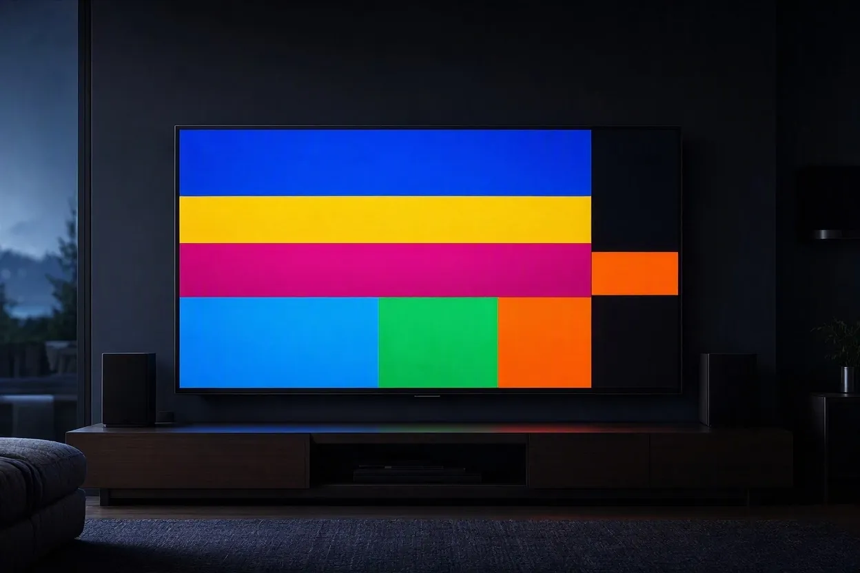 Large flat screen TV displaying crisp vivid color resolution pattern