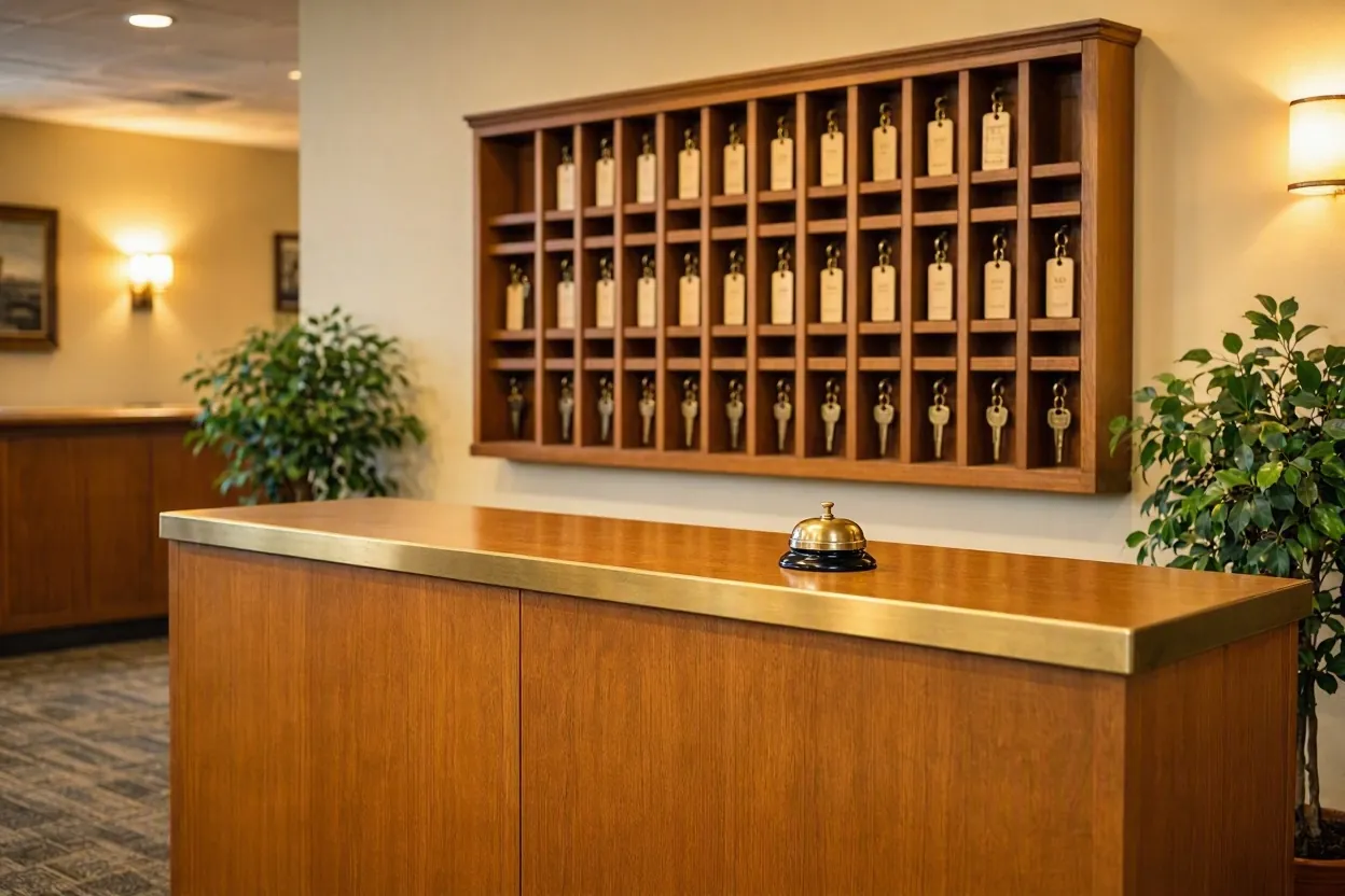 Hotel reception desk with a bell and a wall of room keys