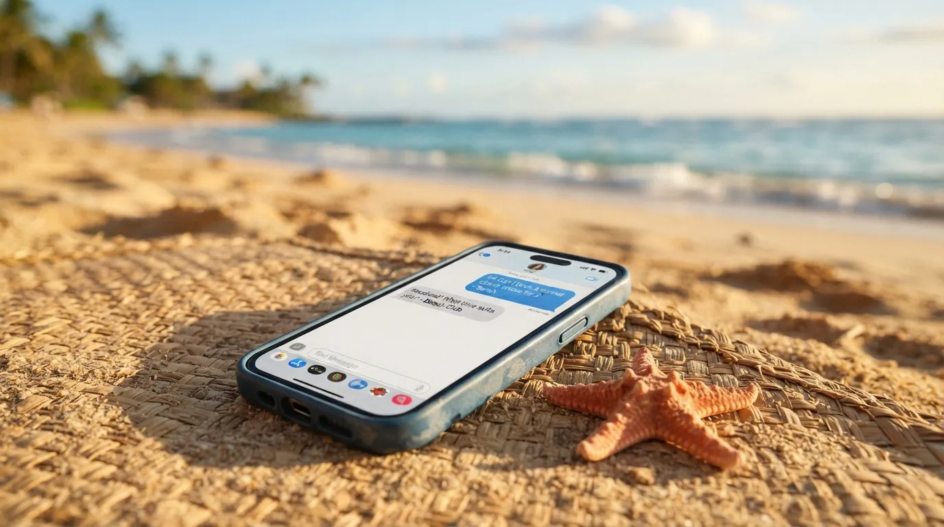 Smartphone σε ψάθινο καλοκαιρινό χαλάκι δίπλα σε αστερία