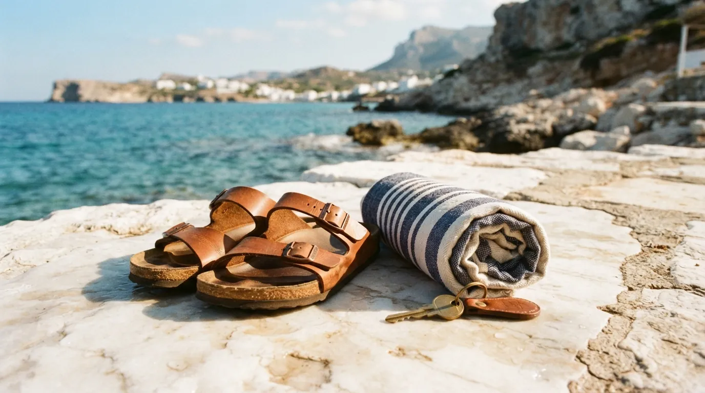 Δερμάτινα σανδάλια, τυλιγμένη πετσέτα παραλίας και κλειδί αυτοκινήτου σε ηλιόλουστο μαρμάρινο πεζούλι δίπλα στη θάλασσα, συμβολίζοντας το καλοκαίρι στη ριβιέρα
