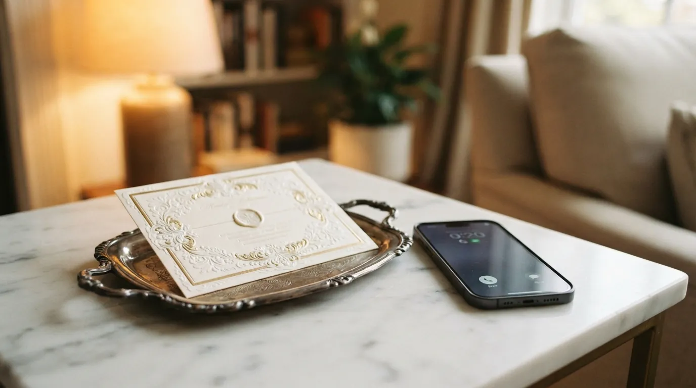 Κομψή προσκλητήριος κάρτα δίπλα σε smartphone πάνω σε ασημένιο δίσκο, συμβολίζοντας την κλήση για κράτηση ραντεβού