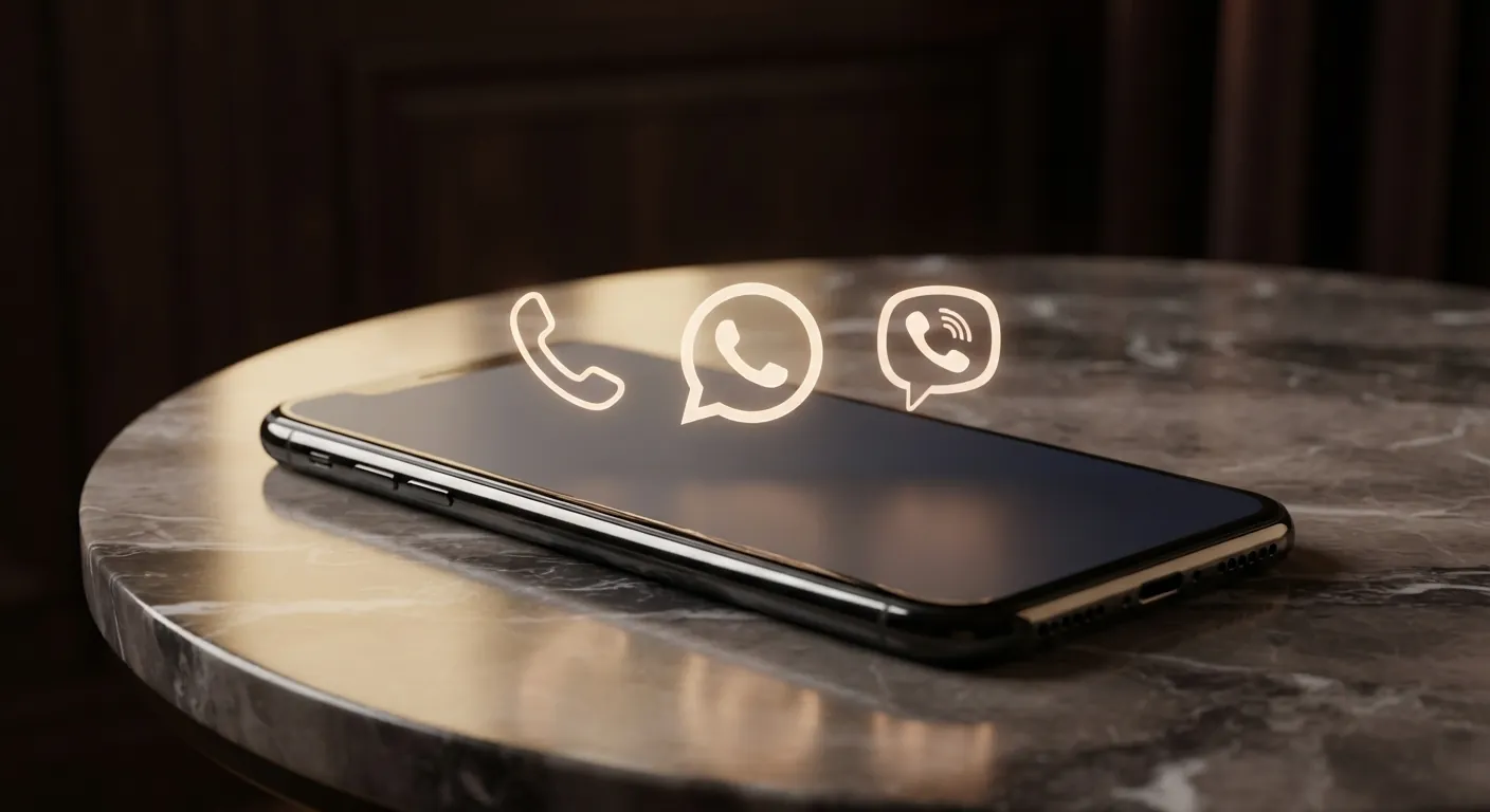 Smartphone σε μαρμάρινο τραπέζι με εικονίδια κλήσης, WhatsApp και Viber