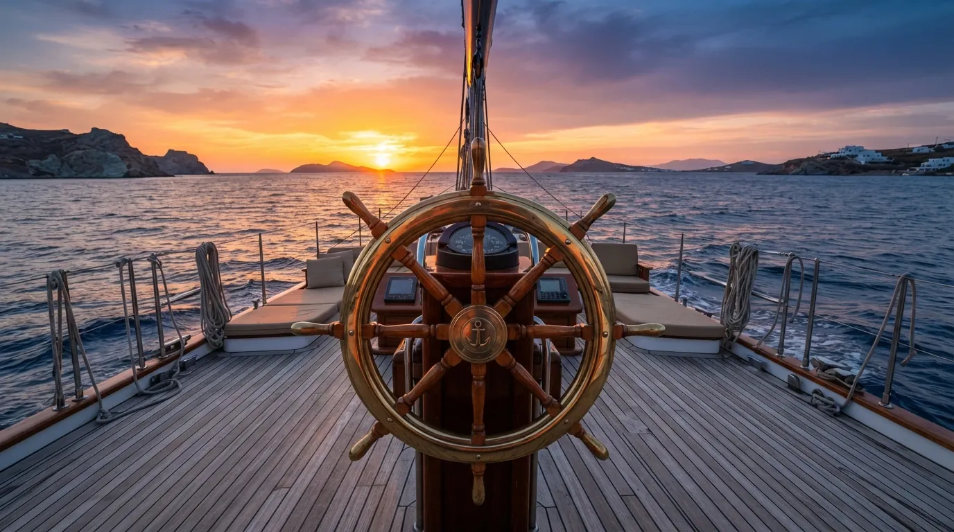 Ορειχάλκινο τιμόνι yacht στο κατάστρωμα το ηλιοβασίλεμα