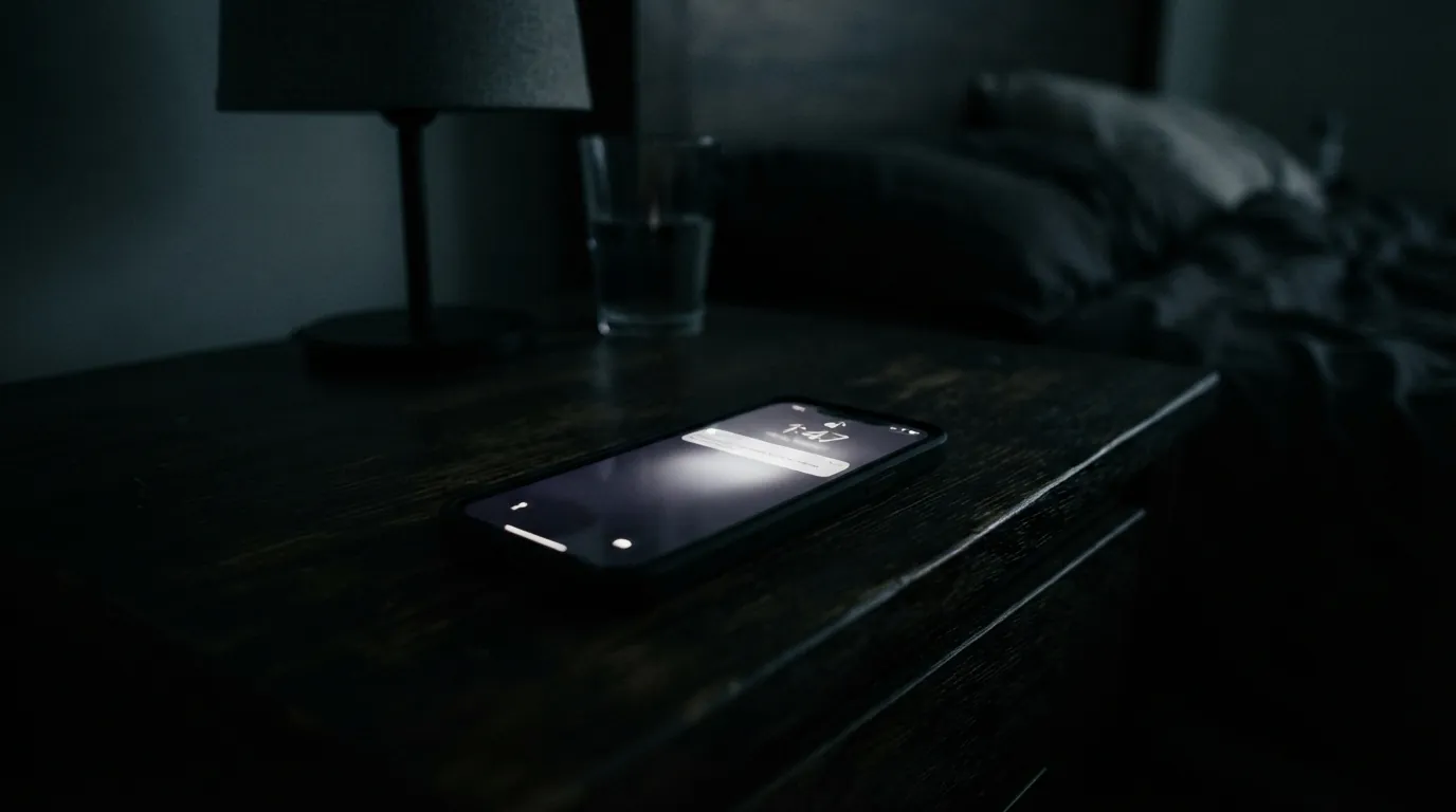 Smartphone σε σκοτεινό κομοδίνο με μικρή ειδοποίηση μηνύματος, συμβολίζοντας την αποστολή μηνύματος εκτός ωραρίου