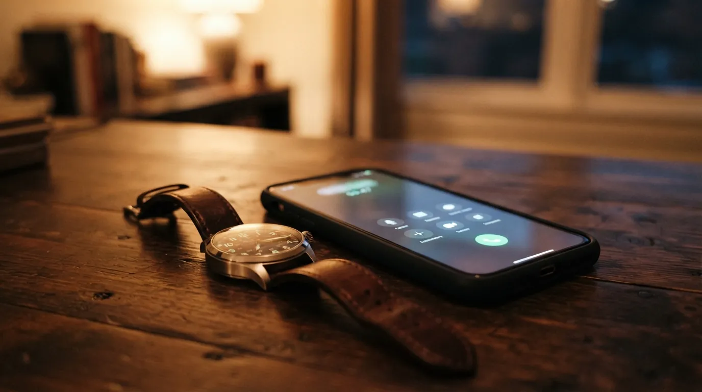 Smartphone με ενεργή κλήση δίπλα σε δερμάτινο ρολόι χειρός, συμβολίζοντας τη γρήγορη τηλεφωνική επιβεβαίωση κράτησης