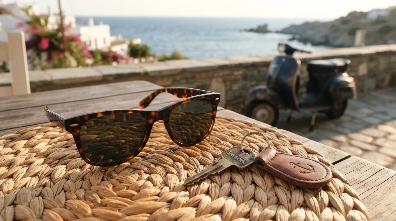 Γυαλιά ηλίου δίπλα σε κλειδί μηχανής σε ψάθινο τραπέζι