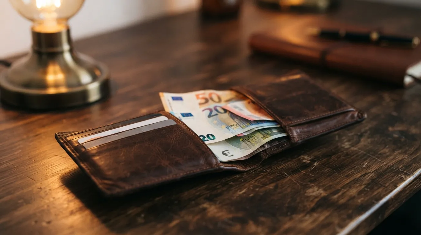 Ανοιχτό δερμάτινο πορτοφόλι με διπλωμένα χαρτονομίσματα ευρώ, συμβολίζοντας την πληρωμή μετρητών χωρίς προκαταβολή