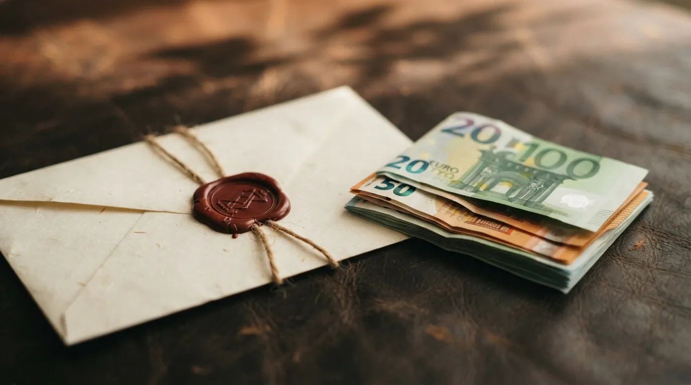 Σφραγισμένος φάκελος με κερί δίπλα σε χαρτονομίσματα ευρώ, συμβολίζοντας τη διακριτική πληρωμή μετρητών χωρίς αρχείο πελατών