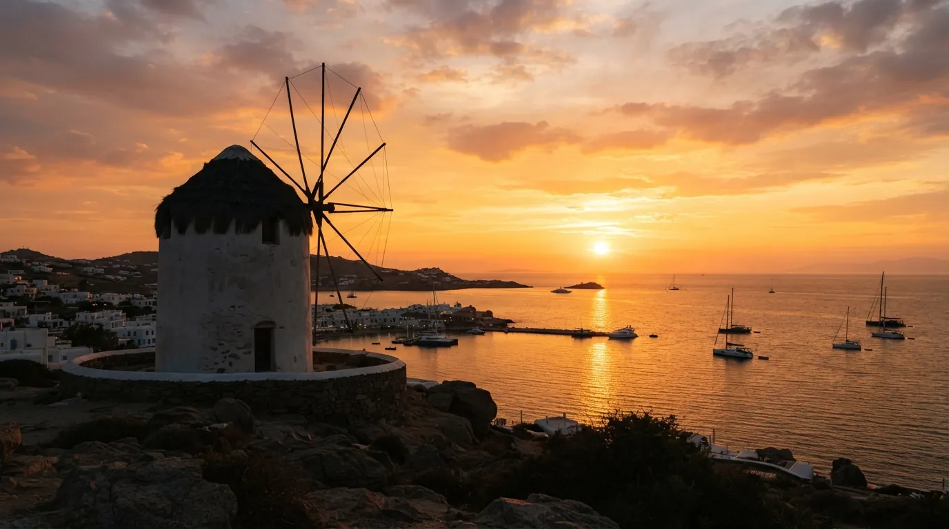 Κλασικός ανεμόμυλος της Μυκόνου στο ηλιοβασίλεμα