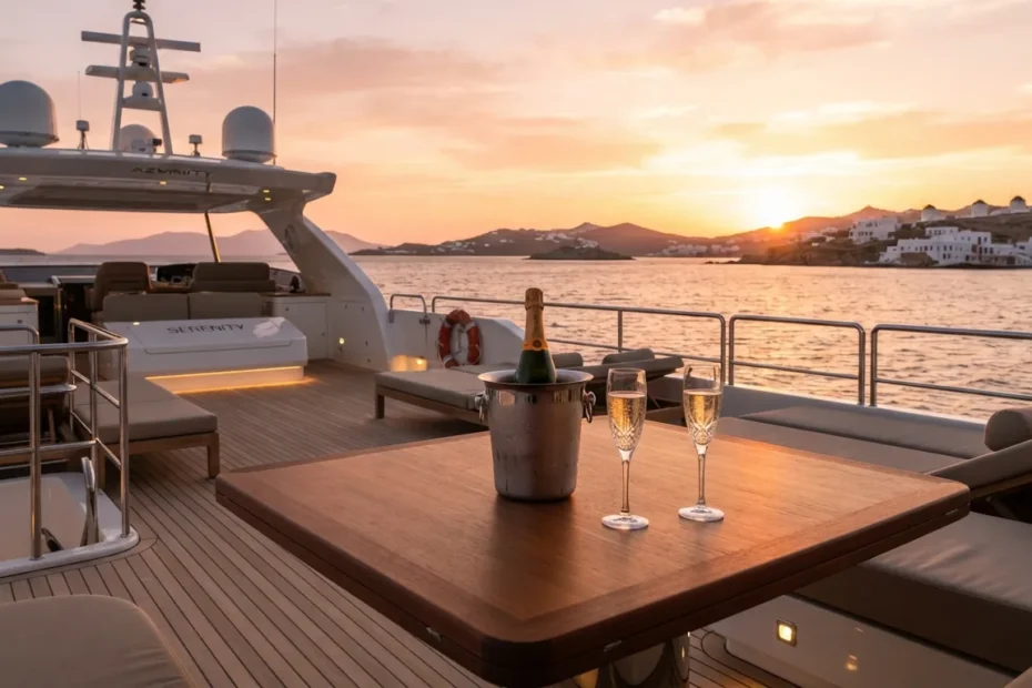 Πολυτελές yacht κατάστρωμα το ηλιοβασίλεμα με δύο ποτήρια σαμπάνιας