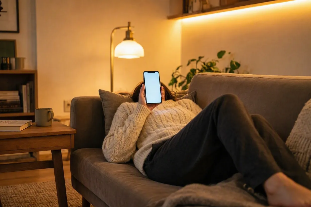 Person relaxing on a couch at home holding a smartphone