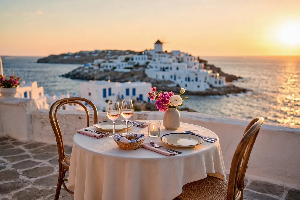 Seaside restaurant terrace table set for two at sunset in Mykonos
