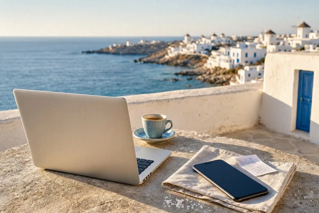 Laptop and smartphone on a terrace table overlooking the Mykonos coastline